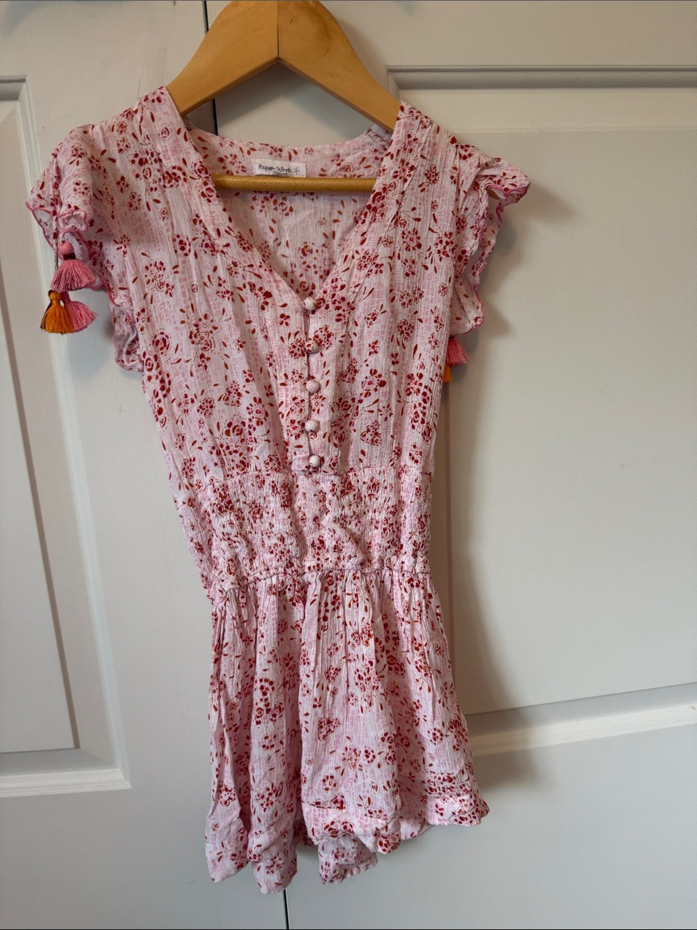 Poupette St. Barth Pink and Red Floral Kids Dress Romper with Tassels